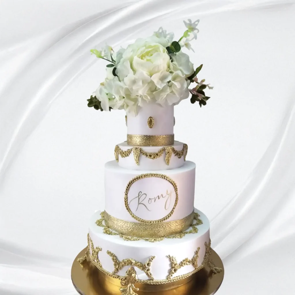 Gold Elegant Wedding Cake with flowers