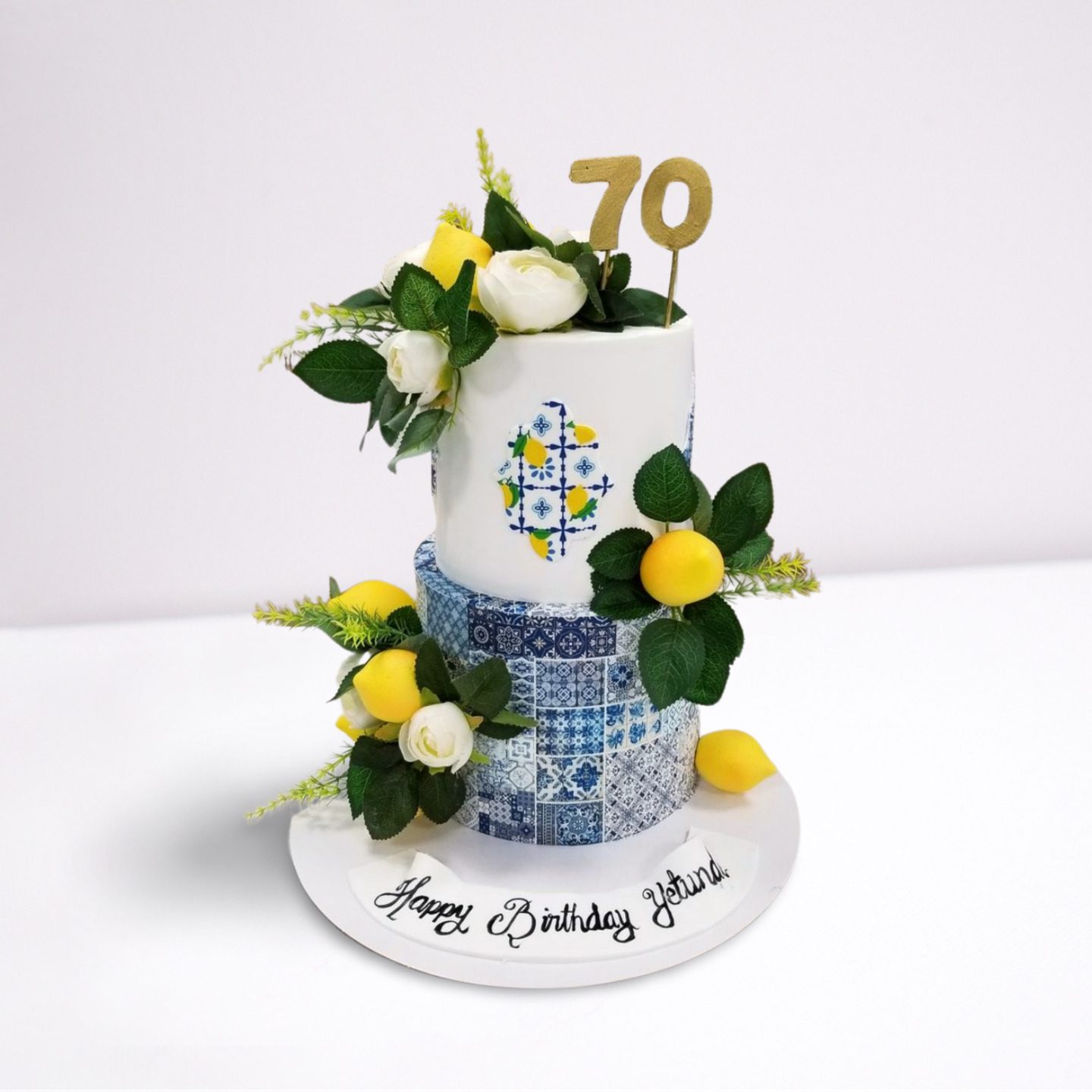 70th Celebration Cake - Unique 2-Tier Cake with Blue & White Design