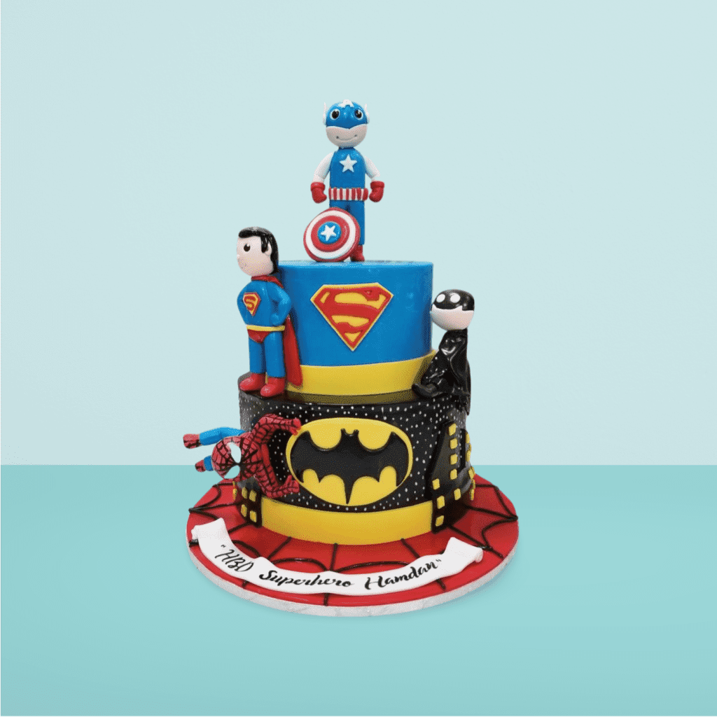 Batman__Superman__Captain_America__and_Spiderman_Theme_Two_Tier_Cake