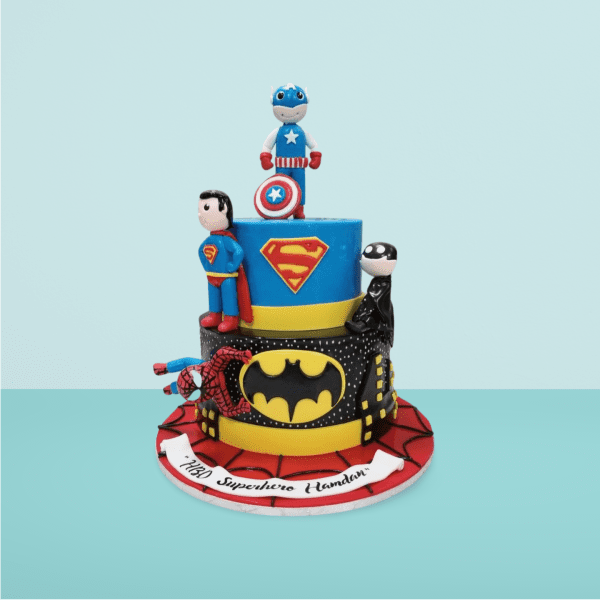 Batman__Superman__Captain_America__and_Spiderman_Theme_Two_Tier_Cake