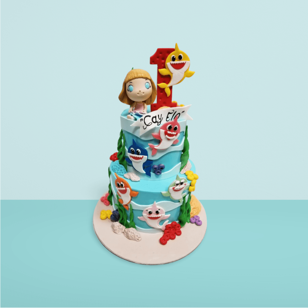Colorful Shark Adventure Cake - Fun 2-Tier Cake for Little Girls