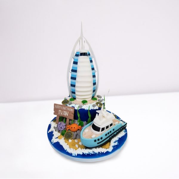 Dubai Burj Al Arab Cake with Yacht – Luxury at Its Finest
