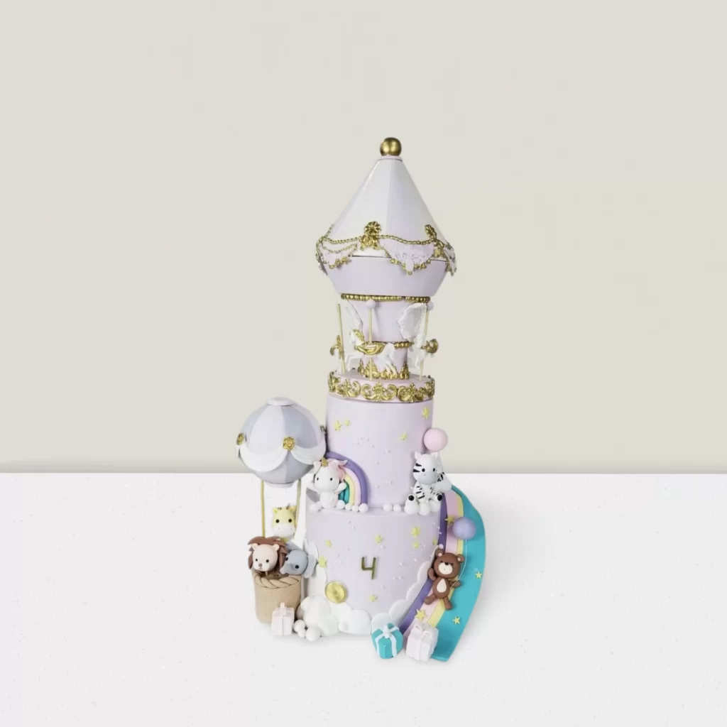 Merry go round Cake with Animal Friends and Hot Air Balloon – Fun and Whimsical