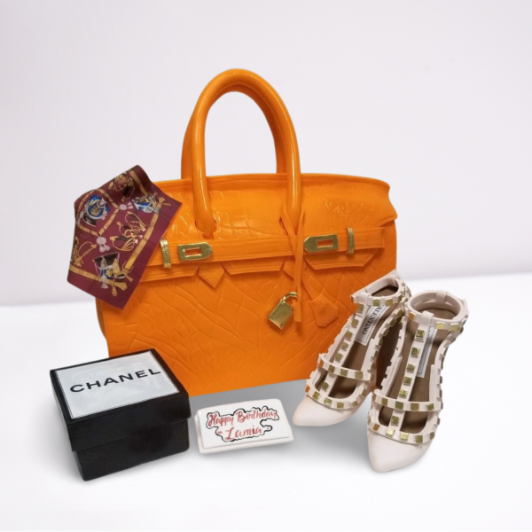 Ladies Handbag with Chanel Gift Box, Shoes, and Accessories Cake ? Chic and Stylish